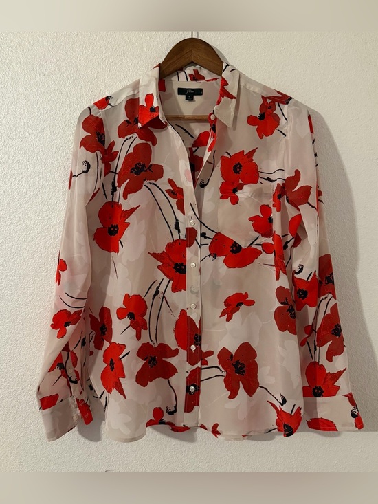 J. Crew Tops - J Crew Silk Chiffon Poppy Print Button Up Long Sleeve Blouse Size 8